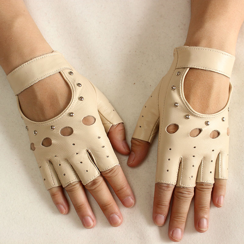 Leather Driving Glove - 여성용 가죽 반손가락 장갑 얇은 단일