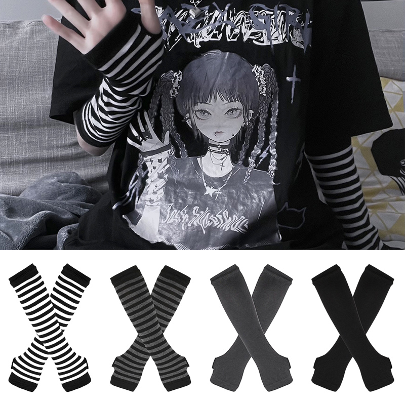 Fingerless Glove Knit - 여성 긴 소매 고딕 스트라이프 핑거리스